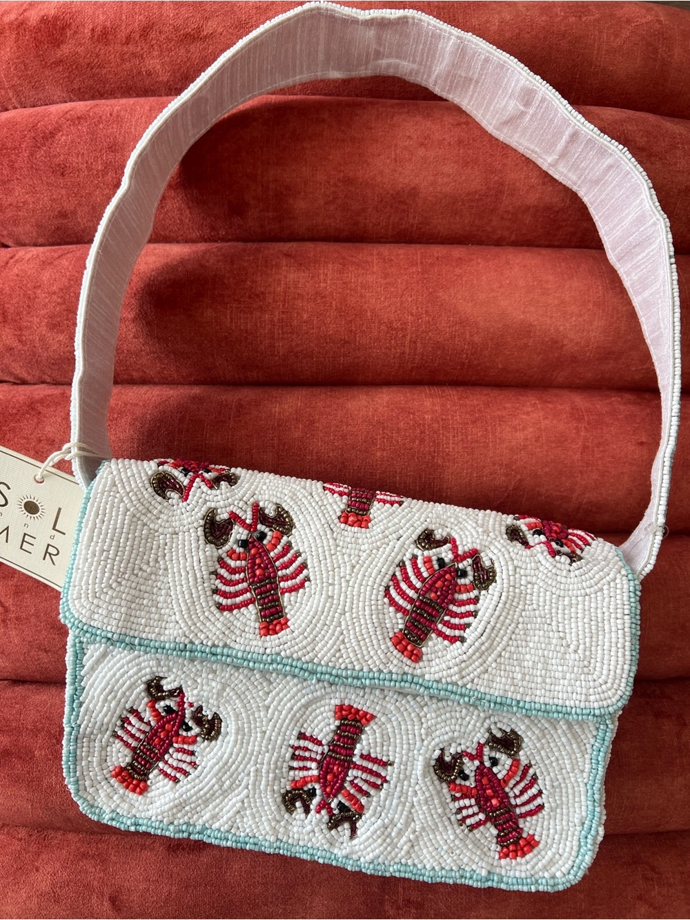 NWT Viral Sol & Mer Beaded Lobster Shoulder Bag in White, Aqua and Red